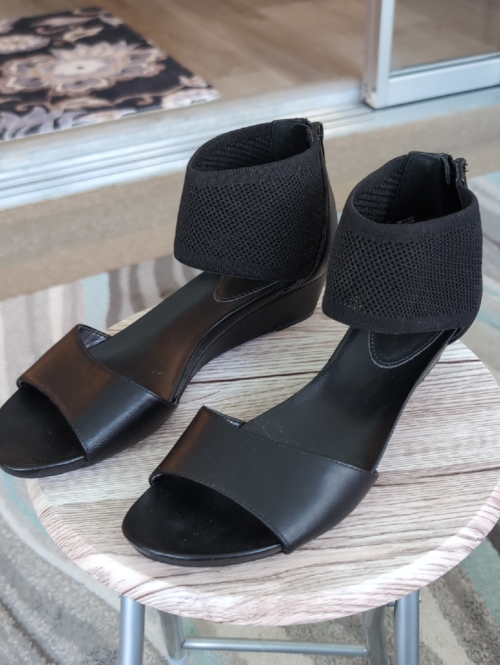 Vera Wang Black Mesh Ankle-Cuff Wedge Sandals
